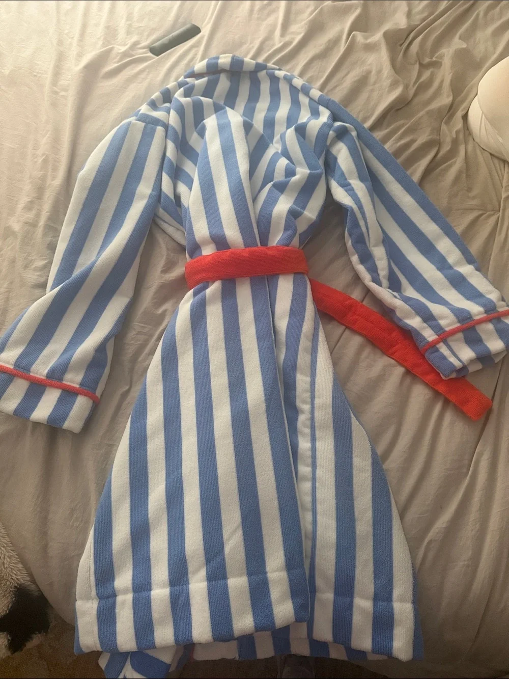 Adult Striped Blue & White Plush Bathrobe with Orange Trim and Belt - Picture 2 of 2